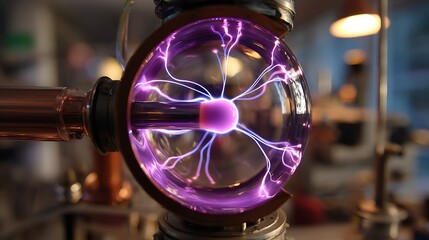 Plasma Globe Experiment with Purple Electric Discharge in Laboratory Setting with Glass Sphere
