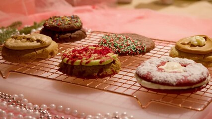 Cookie display ideas, Assorted cookies with festive decorations, Closeup of decorated cookies for holiday marketing, Artistic arrangement of cookies with festive embellishments for product promotion
