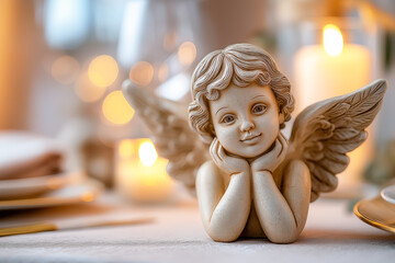 Decorative angel figurine against the backdrop of a romantic dinner, a symbol of peace and a romantic atmosphere in the interior