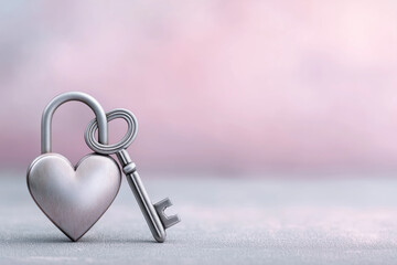 Heart-shaped lock with a key placed on a soft pink romantic background, clean composition with copy space symbolizing love, trust, relationships and Valentine&rsquo;s Day concepts.