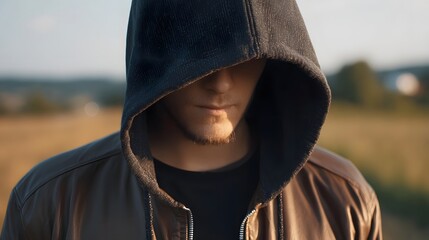 Young man in a dark hooded jacket face partially obscured by shadow standing in a field at sunset