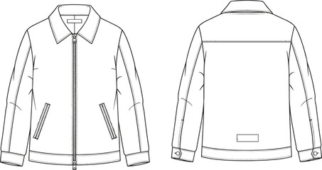 Technical Flat Sketch of Men's Classic Collared Jacket, Full Zip Closure, Welt Pockets, Button Cuffs, and Hem Band Apparel, cad drawing flat vector illustration © It's Sohan Here