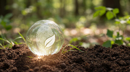 Eco fingerprint concept inside glass sphere on soil symbolizing sustainable identity, environmental protection, green technology, climate responsibility, and nature conservation in a forest setting