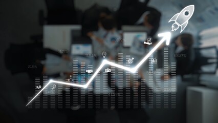 A modern office scene illustrating the concept of business growth with an upward graph and a rocket, symbolizing innovation, success, and strategic planning in finance. Raster