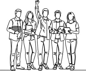 Continuous Line Art Group Of Students Celebrating Success Holding Books Illustration