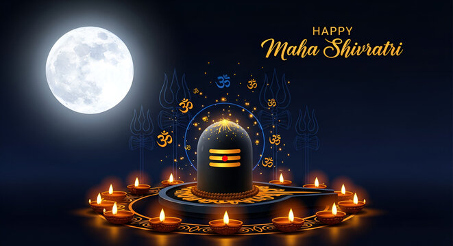 Maha Shivratri Background with Lord Shiva Shivling, Golden Trishul, and Glowing Diyas under Full Moon Night - Hindu Festival Vector Illustration