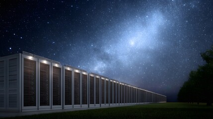 A modern data center with rows of servers under a vast starry night sky with the Milky Way visible