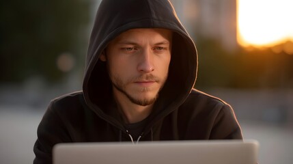 A focused man wearing a dark hoodie works diligently on his laptop outdoors during a warm golden sunset