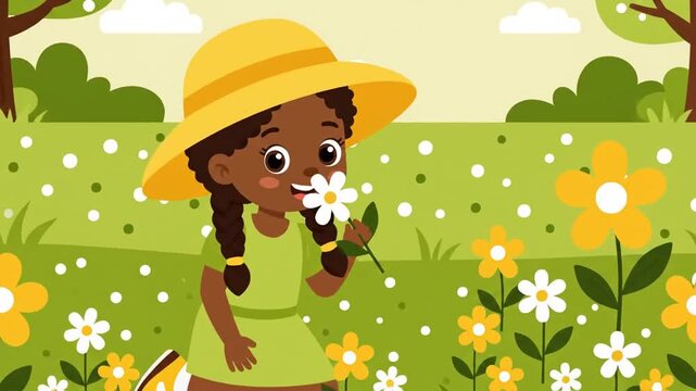 Girl Enjoying Blooming Meadow Cartoon Style Animation With Nature And Flower Picking
