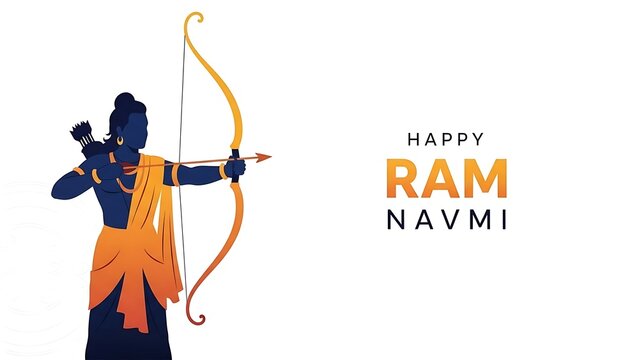 An illustration of Lord Rama with bow and arrow celebrating Ram Navmi festival in traditional attire from a side viewpoint.