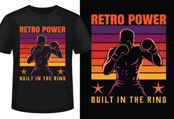 Retro boxer silhouette with sunset stripes and stars text built in the ring boxing power