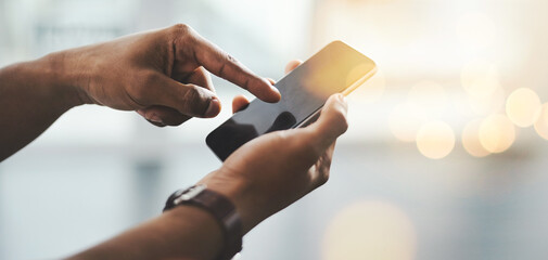 Business, hands and man in office, cellphone and screen with internet, connection and...