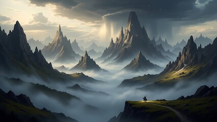 Mysterious Mountains With Traveler In Fantasy Landscape