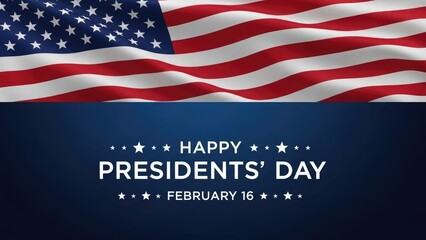 American flag waving above Presidents Day text and stars