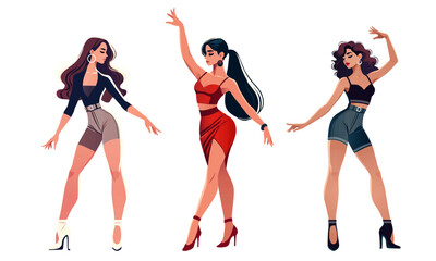 Stylish Vector Female Dancers in Elegant Poses Wearing Modern Outfits, Fashion Illustration of Confident Women Dancing in Heels on White Background
