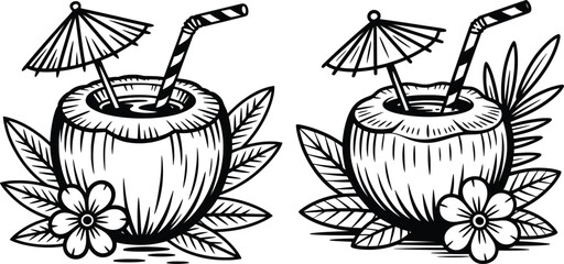Coconut Drink Vector Illustration Tropical Beverage Black and White.