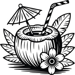 Coconut Drink Vector Illustration Tropical Beverage Black and White.