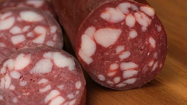 Sliced sausages on wooden board, rotation. Cured sausages