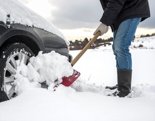 AI Generated - Someone using a shovel to clear snow from around a car and sidewalk