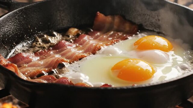 Cast iron skillet sizzling with bacon strips and two sunny-side eggs frying over heat on a stovetop