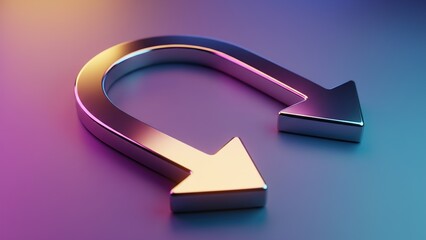 A glossy metallic U-turn arrow symbol reflecting vibrant gradient colors on a smooth surface.