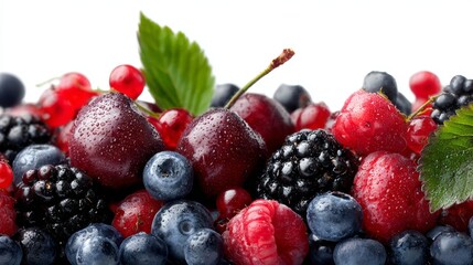 Variety of fresh berries including cherries, blueberries, blackberries, and raspberries on a white background