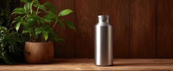 The reusable water bottle on the wooden table is a lighthouse of mindful living and sustainability.