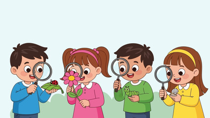 Children exploring nature with magnifying glasses.