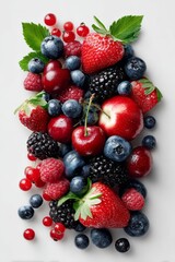 Obraz premium Fresh fruits arranged on white background with red, blue, and green colors displayed in an artistic manner during daylight hours