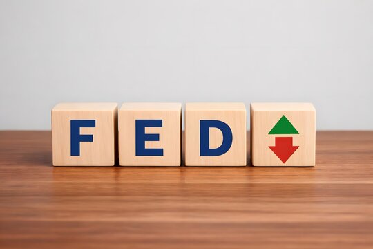 Fed rate hike to curb inflation, Central banking system and interest rate changes. wooden block with FED and up-down arrows icon.