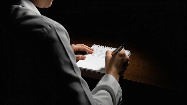 Person Writing in Notebook in Dark Setting - Capturing Ideas.