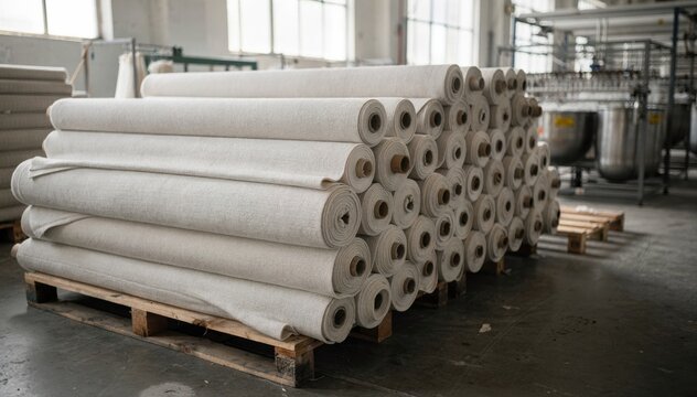 Medium shot showing greige weft knit fabric rolls neatly stacked on pallets ready for dyeing and finishing in an industrial textile workshop.