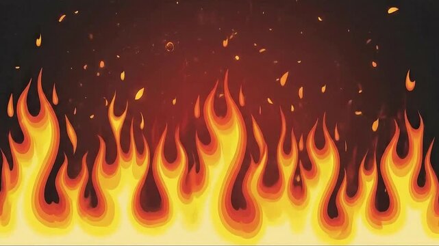 Vibrant cartoon style fire flames licking upwards against a dark reddishbrown background with glowing embers scattered around