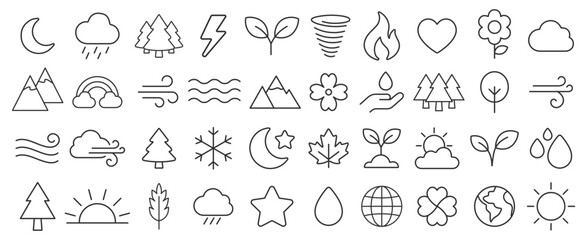 Fototapeta premium Collection of Nature and Weather Outline Icons Set.