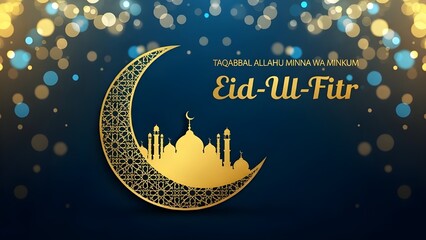 Eid Ul Fitr celebration with golden crescent moon and mosque