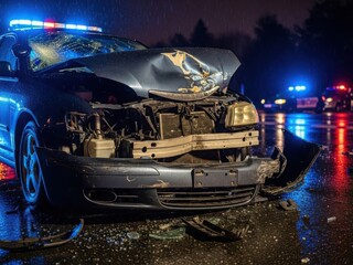 Damaged car with crumpled hood and bumper at nighttime accident scene