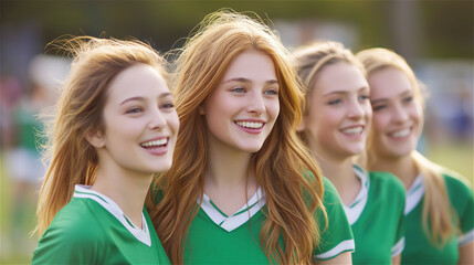 Smiling young women in matching green soccer jerseys standing in a row outdoors before a game. Youth sports, teamwork, confidence, community spirit, and inclusive team culture.