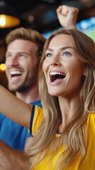 Excited sports fans cheering with raised arms under stadium lights, celebrating a big moment together. Emotion, victory, community support, live event atmosphere, and entertainment energy.