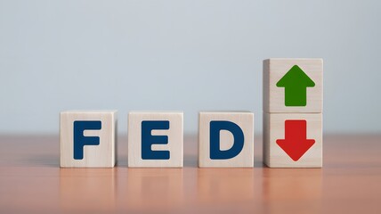 Fed rate hike to curb inflation, Central banking system and interest rate changes. wooden block with FED and up-down arrows icon. 
