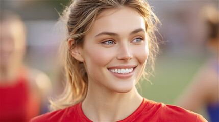 Portrait of a smiling young woman athlete in a red sports jersey at an outdoor field, looking aside in natural light. Confidence, wellness, active lifestyle, and team spirit with copy space.