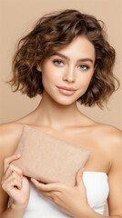 Beauty portrait of a woman holding a natural beige sponge or soap bar against a neutral background, skincare and sustainable selfcare concept, clean cosmetics and gentle treatment.