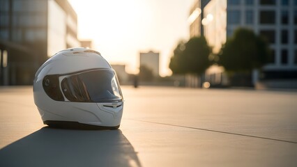Modern White Motorcycle Helmet on Pavement at Sunset Cityscape