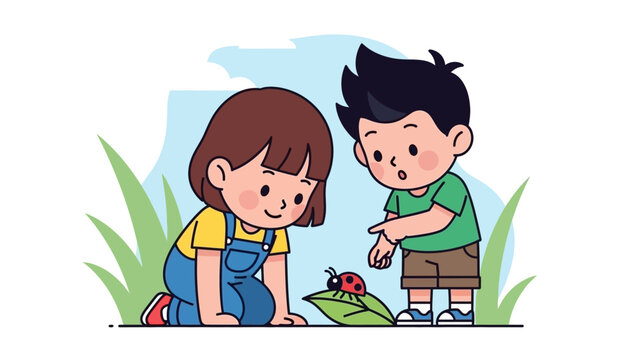 Two children curiously observing a ladybug on a leaf in a grassy field.