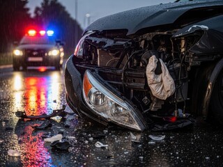 Damaged black car with police lights in background on rainy road
