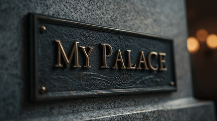 Fototapeta premium A luxurious entrance sign reading My Palace engraved in polished metal, surrounded by elegant stone textures and subtle ambient lighting