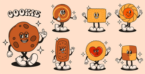 Set of groovy cookies characters in retro style.
