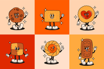 Mascot cookie characters in retro groovy style.