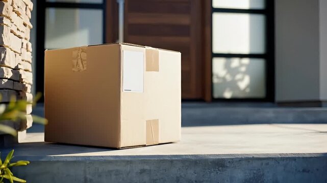 Delivery Box on Porch Home Package Shipping Online Shopping Ecommerce Logistics Parcel Courier Service Modern House Front Door Residential Delivery Concept