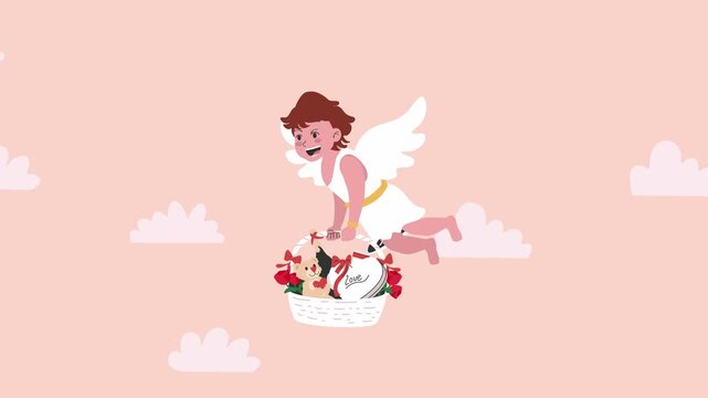 Valentine Theme Cupid Flying with Valentine Gifts Basket Romantic 2D Flat Design Animation Seamless Loop With Green Screen Option