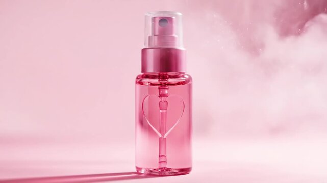 Pink Spray Bottle with Heart Detail - A pink, transparent spray bottle containing liquid is positioned on a matching pink surface. The bottle has a unique heart-shaped design in the middle.